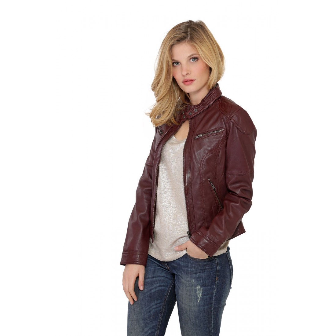 Blouson en Cuir d'Agneau Bordeau Femme Oakwood