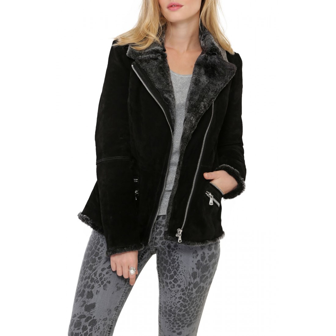 Manteau en Cuir de Porc Velours Noire Fourrée Femme Oakwood