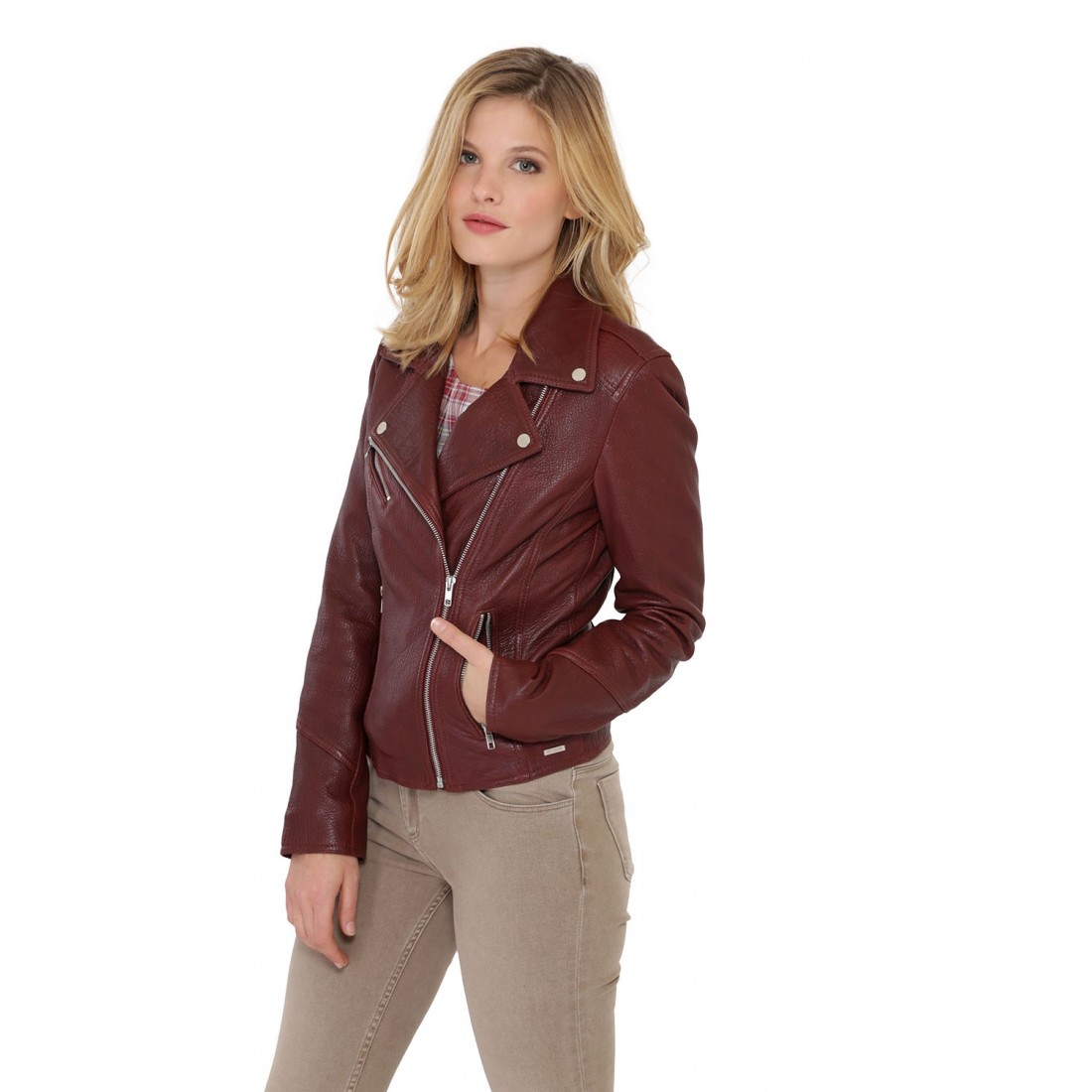 Blouson Perfecto Cuir Oakwood Flipper Bordeaux pour femme