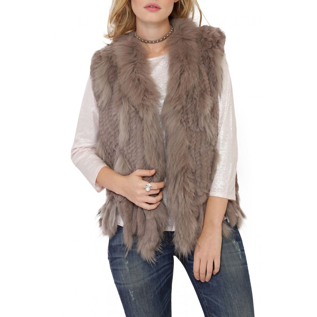 Gilet Fourrure Lapin Racoon Beige Femme Oakwood