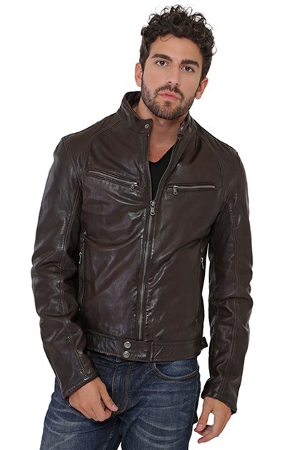 BLOUSON CUIR PERFECTO HOMME VINTAGE CHOCO COL OUVERT FOURRÉE LAINE  SYNTHÉTIQUE , Ce blouson pour homme en cuir sublimé de