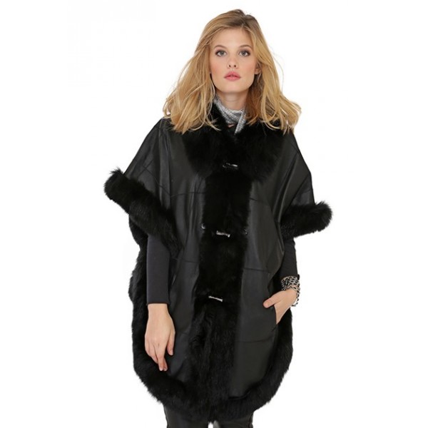 Poncho Giovanni aurora en fourrure de renard femme noir 