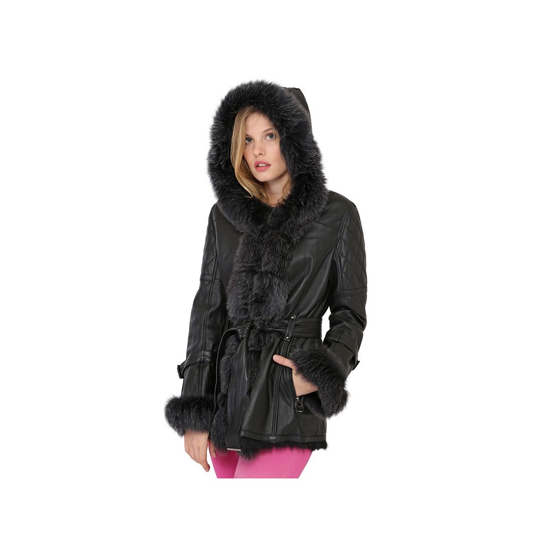 Manteau Giovanni Adrianna en cuir et en fourrure de renard Manteau Giovanni Adrianna en cuir et en fourrure de renard