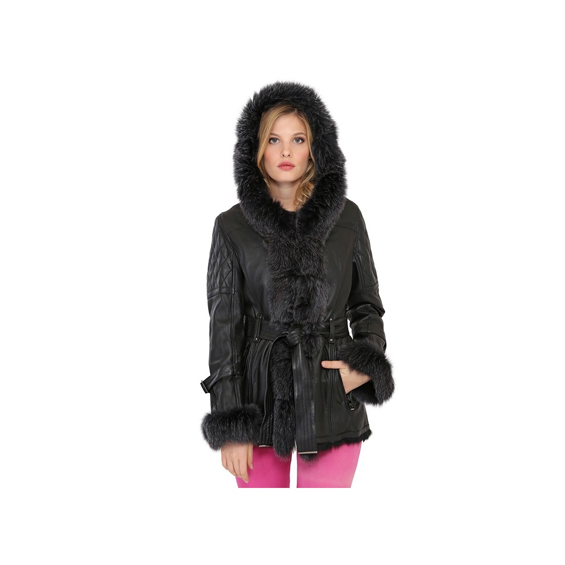 Manteau Giovanni Adrianna en cuir et en fourrure de renard Manteau Giovanni Adrianna en cuir et en fourrure de renard