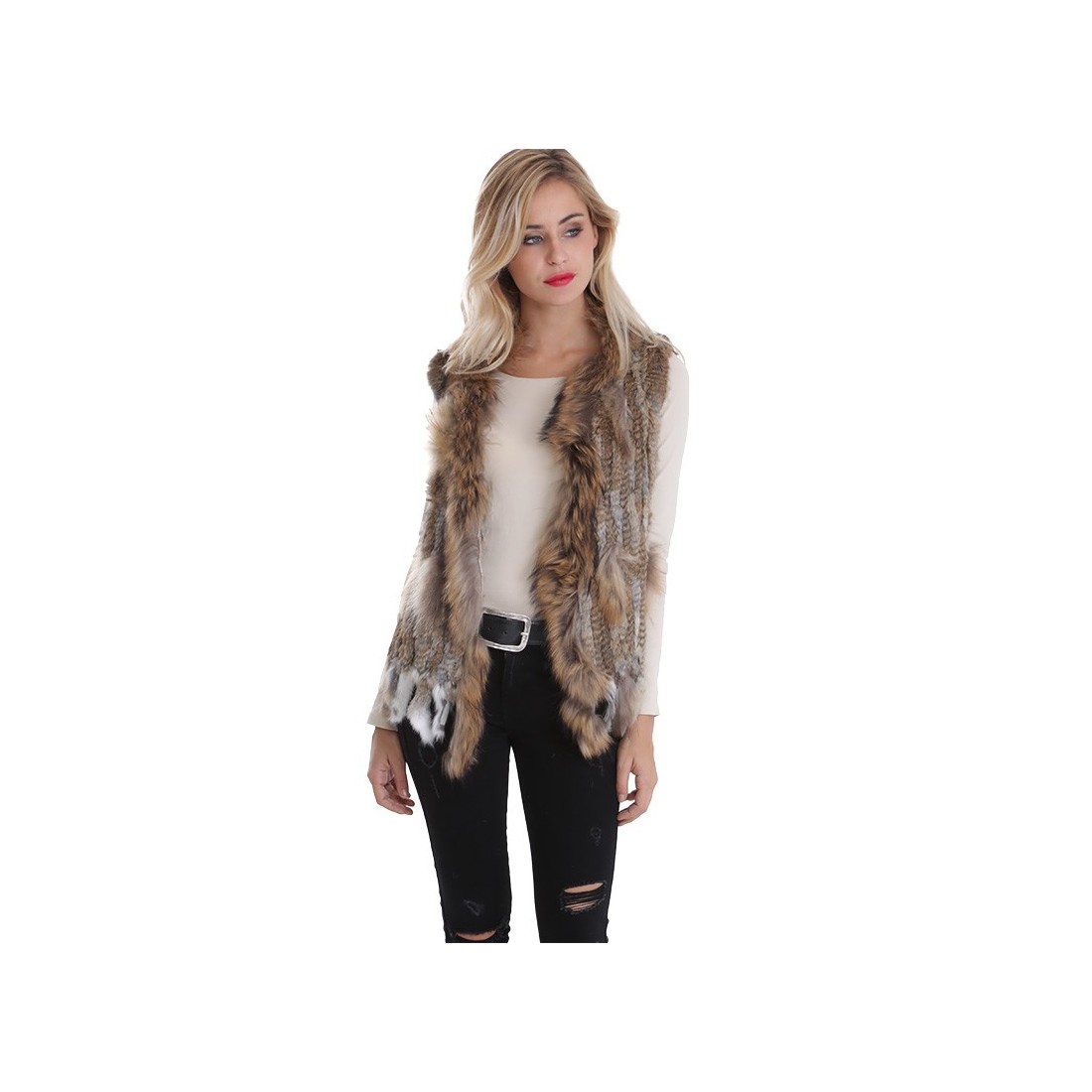 gilet sans manche femme fourrure lapin