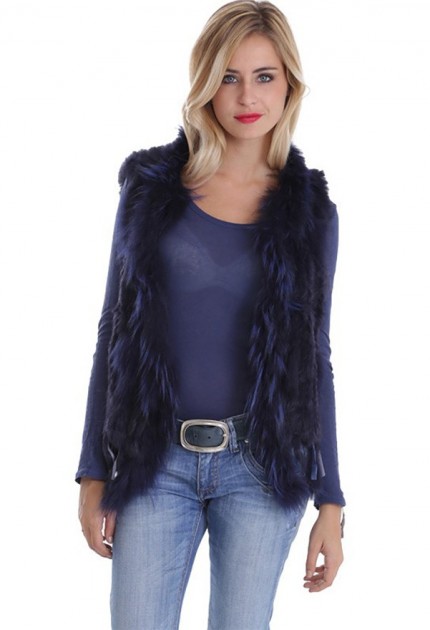 gilet sans manche fausse fourrure bleu