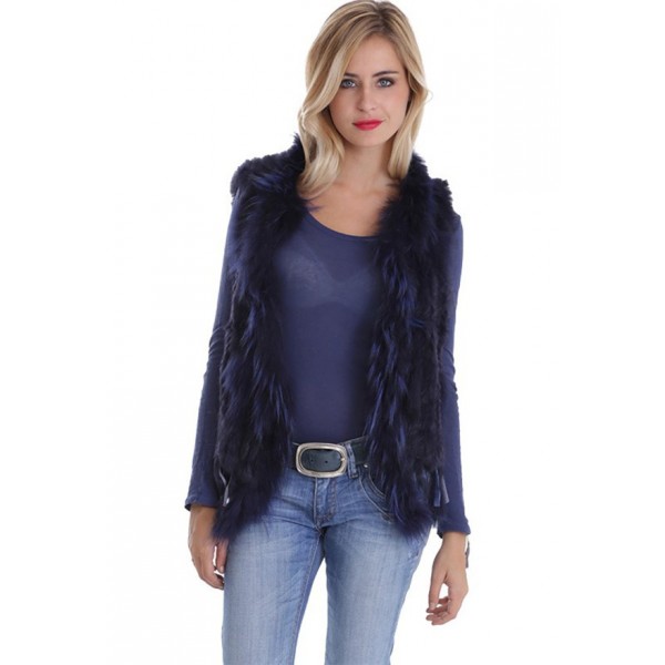 Gilet fourrure lapin et racoon femme MonCuir bleu