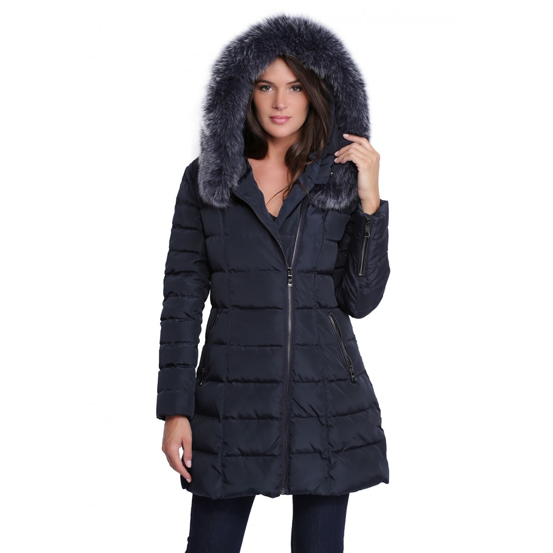 Manteau capuche fourrure femme Giovanni Dely bleu marine Manteau fourré à capuche | ROMWE