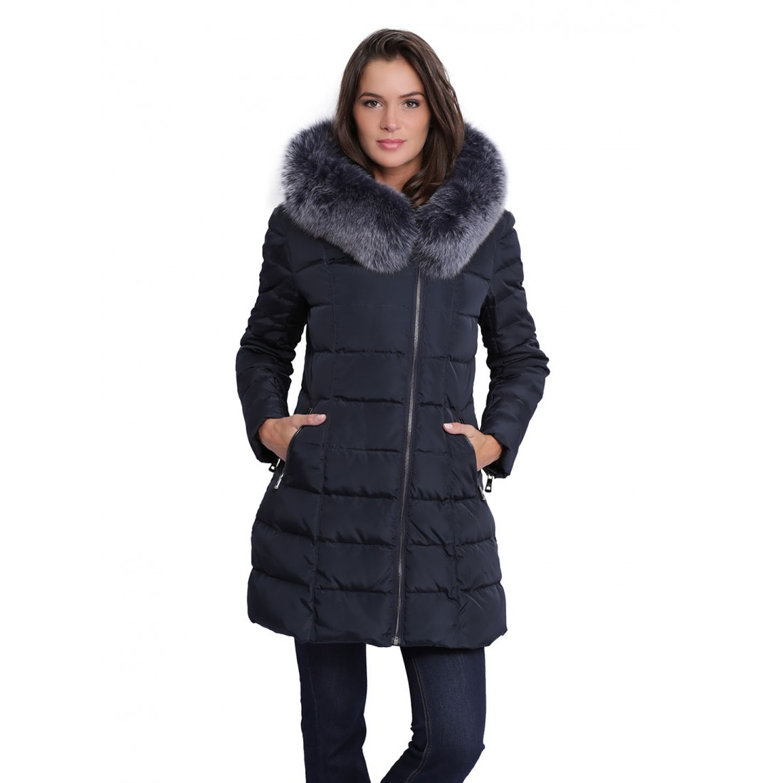 Manteau capuche fourrure femme Giovanni Dely bleu marine