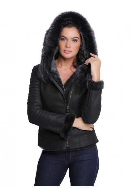 Veste en cuir avec capuche en fourrure pour femme Birky noir