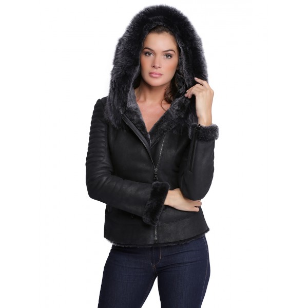 Veste en cuir avec capuche en fourrure pour femme Birky noir