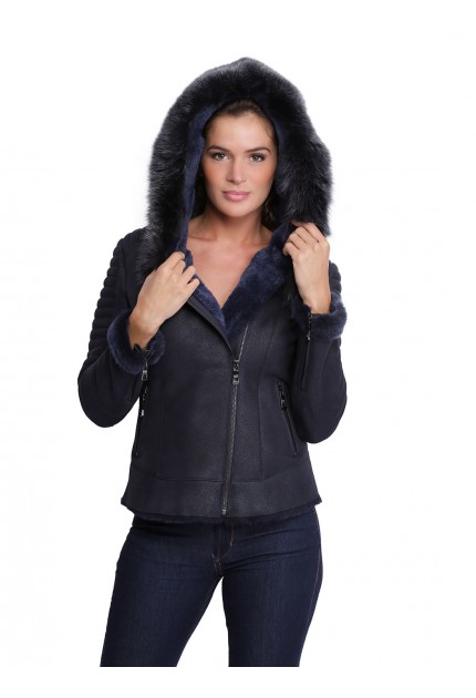 Veste en cuir avec capuche en fourrure pour femme Birky bleu marine