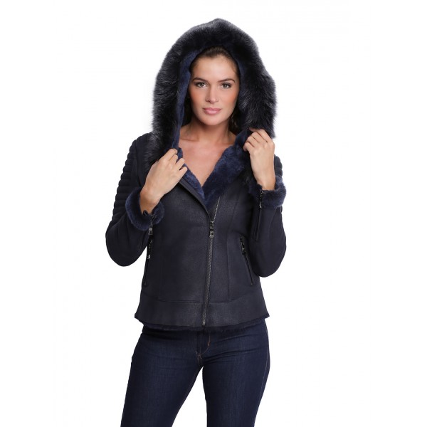 Veste en cuir avec capuche en fourrure pour femme Birky bleu marine