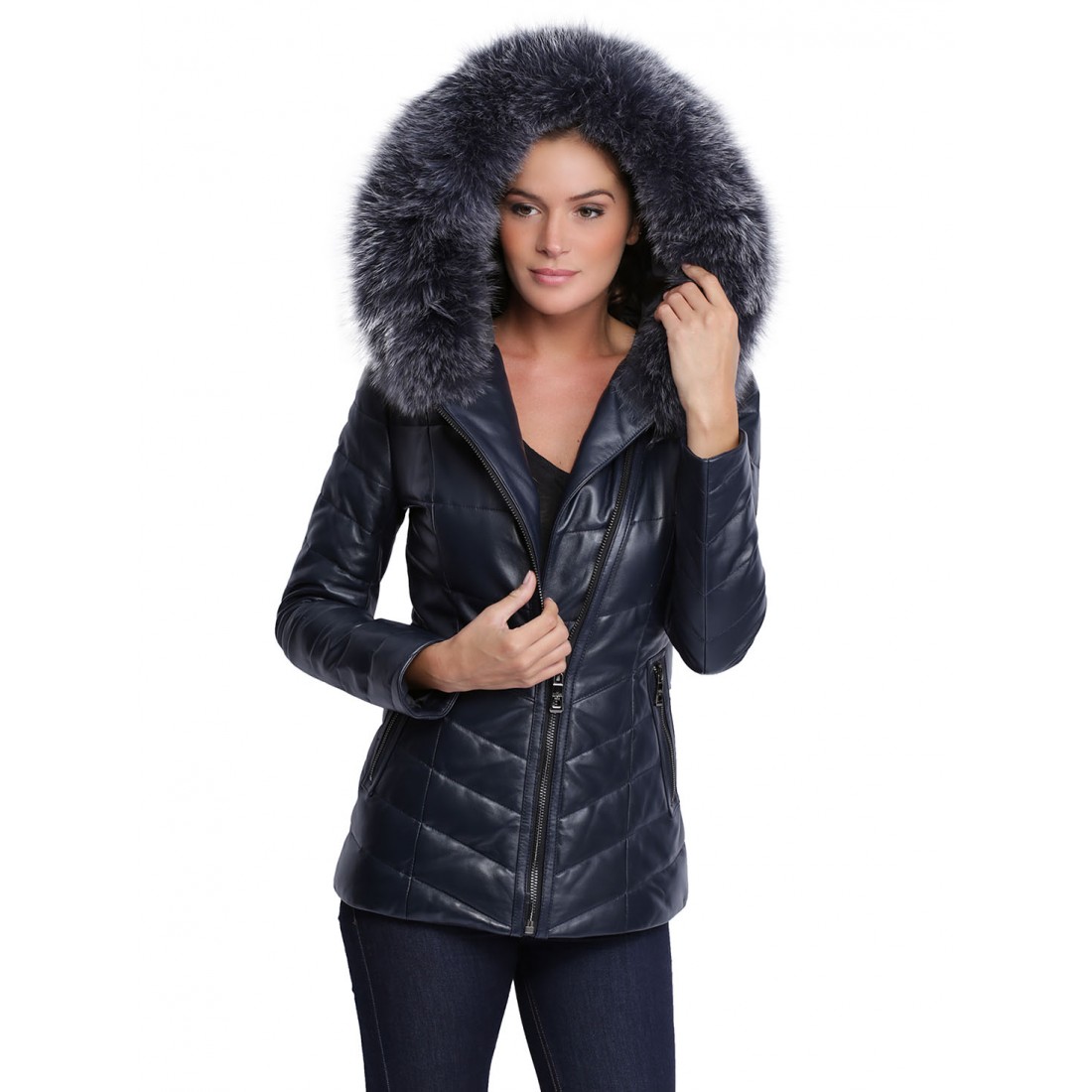 parka femme bleue capuche fourrure