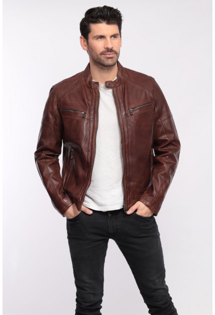 BLOUSON CUIR COLLINS PAOLO DAYTONA HOMME NOIR COGNAC