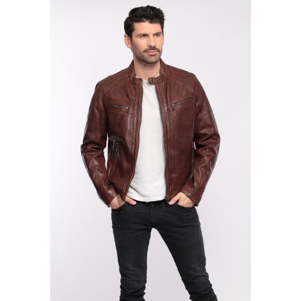 BLOUSON CUIR COLLINS PAOLO DAYTONA HOMME NOIR COGNAC