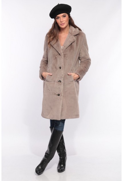 MANTEAU LONG EN FAUSSE FOURRURE A COL REVERS CYBEROAKWOOD BEIGE FONCÉ 625