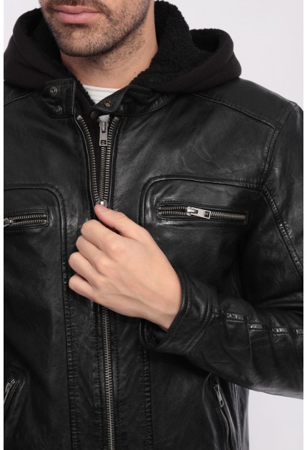 BLOUSON EN CUIR VÉRITABLE À CAPUCHE AMOVIBLE DRINK OAKWOOD NOIR 501