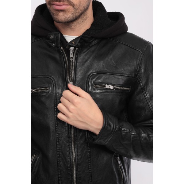 BLOUSON EN CUIR VÉRITABLE À CAPUCHE AMOVIBLE DRINK OAKWOOD NOIR 501