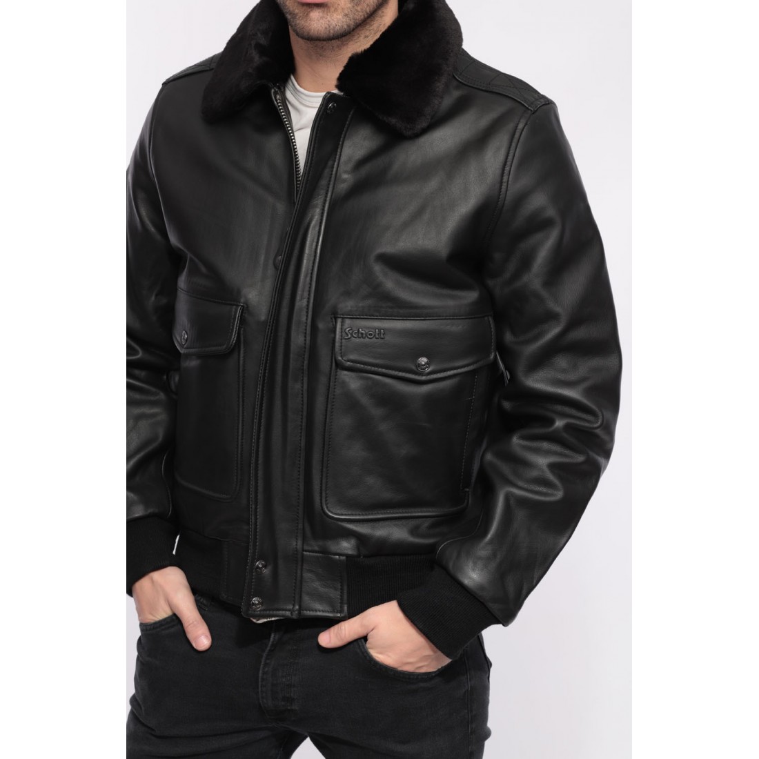 Schott NYC LC5331X Leather Pilot Jacket, Antic Black