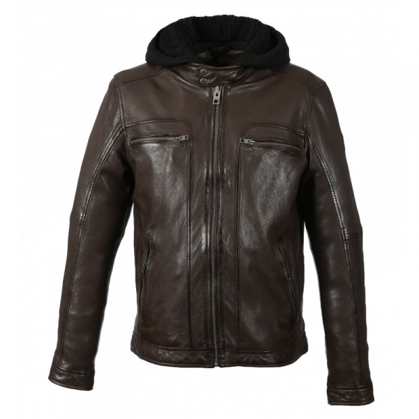 BLOUSON EN CUIR VÉRITABLE À CAPUCHE AMOVIBLE DRINK OAKWOOD CHOCOLAT 505