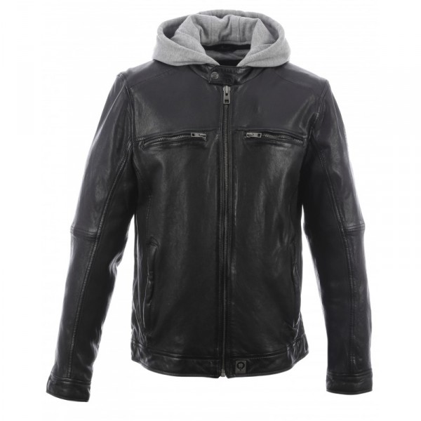 Blouson en cuir véritable à capuche amovible Brother noir 501